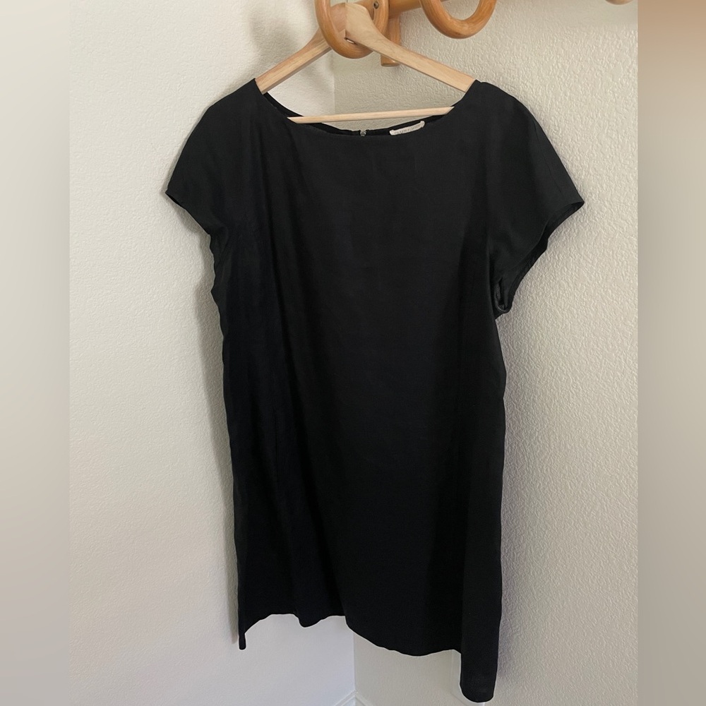 Eileen Fisher black organic linen short sleeve dress  back zipper size L